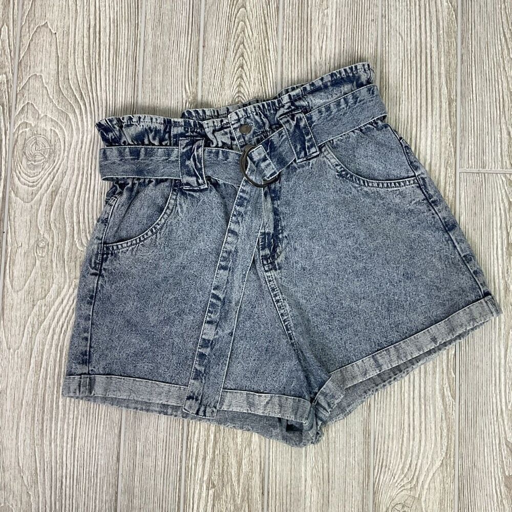 Cotton On Women’s Size 4 Light Wash Blue Denim Paperbag High Waist Shorts Belted